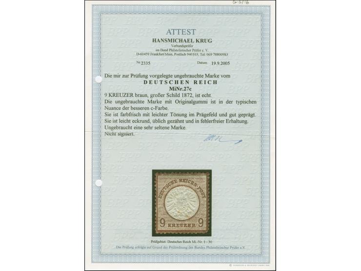 9 Kr. braun, farbfrisch und gut geprägt, leicht Eckrund sonst üblich gezähnt, sauber ungebraucht, geringe Alterstönung, sonst