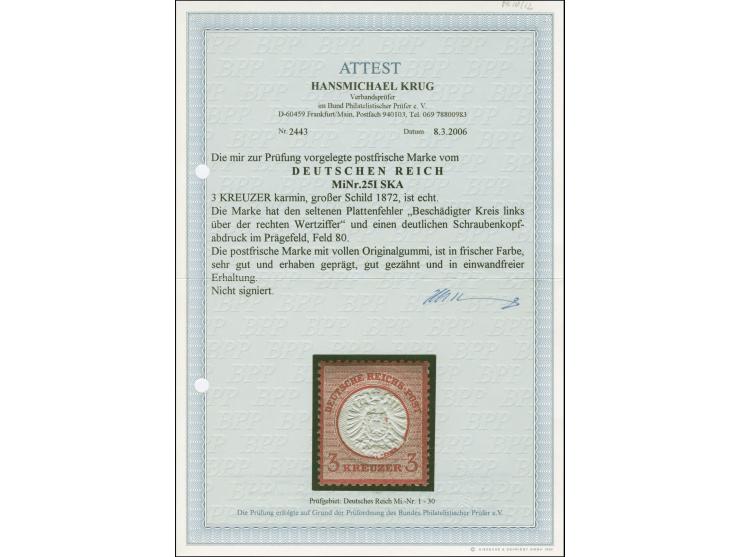 3 Kr. karmin, farbfrisch und gut geprägt sowie zentriert, mit markantem Plattenfehler “beschädigter Kreis links über der rech