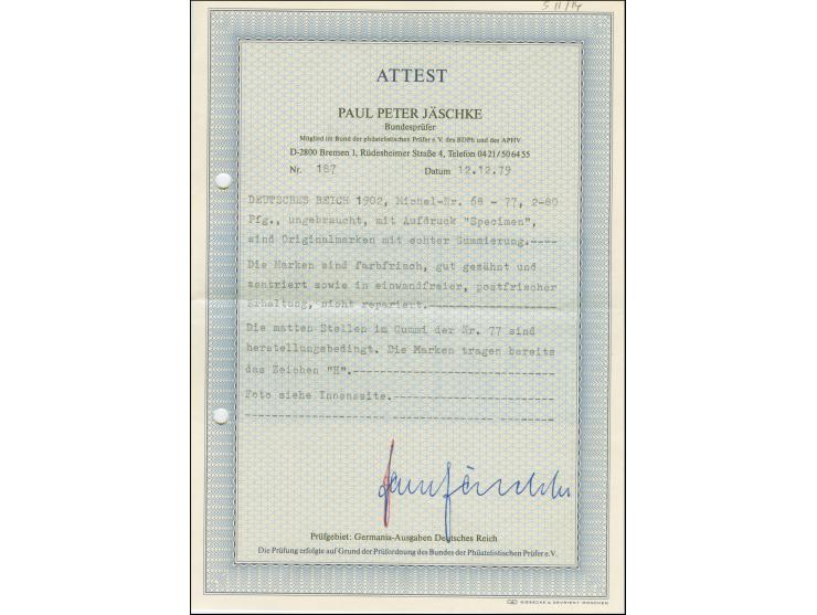 1902, Germania ohne Wasserzeichen 2-80 Pfennig, je mit Aufdruck “SPECIMEN”, postfrisch, 30 Pfg. etwas oxydiert, sonst tadello