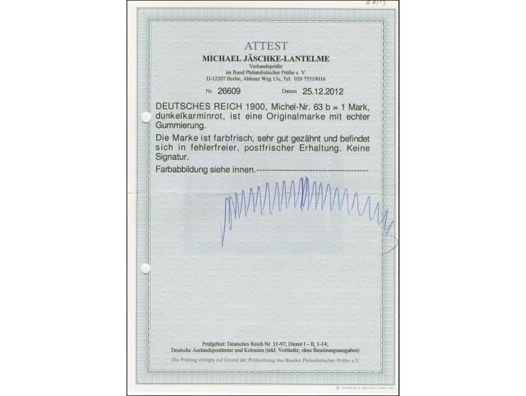 1900, Reichspost 1 M. dunkelkarminrot, postfrisch, unsigniert, tadellos, Fotoattest Jäschke-L. BPP (2012)