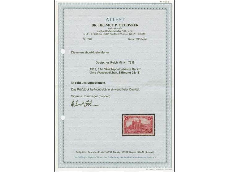 1902, 1 Mark karminrot, 25:16 Zähnungslöcher, ungebraucht, tadellos, sign. Pfenninger und Fotoattest Oechsner BPP (2013)