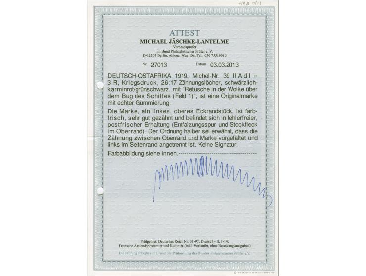 1919, Kriegsdruck Kaiseryacht 3 R. schwärzlichrotkarmin/grünschwarz, 26:17 Zähnungslöcher, aus der linken oberen Bogenecke mi