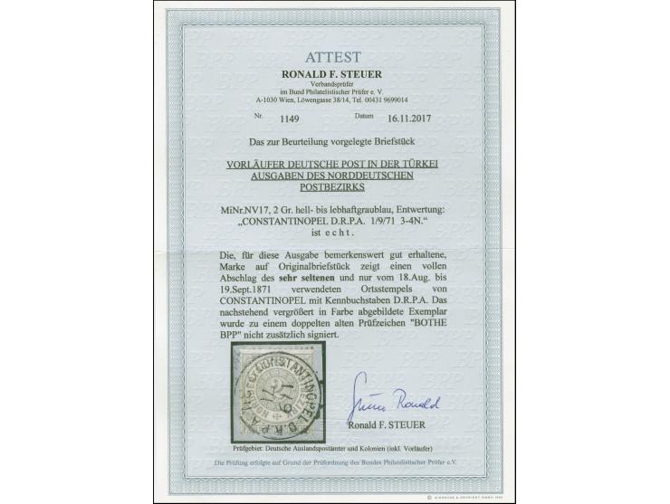 NDP 2 Gr. hellgraublau mit klarem EKr. “CONSTANTINOPEL D.R.P.A. 1.9.71” auf Briefstück in tadelloser Erhaltung, sicherlich ei