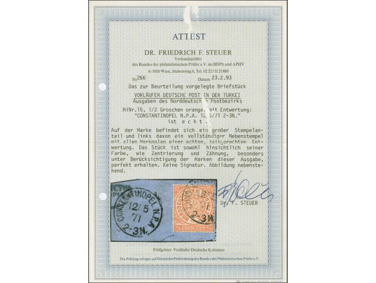 ½ Gr. orange, farbfrisch mit klarem EKr. “CONSTANTINOPEL N.P.A. 12.5.71” auf Briefstück, in tadelloser Erhaltung, Fotoattest 
