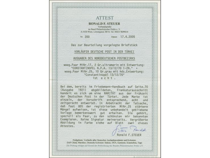 Innendienstmarke 10 Gr. grau im waagerechten Paar je mit handschriftlicher Entwertung “Constantinopel 13/12 70” und waagerech