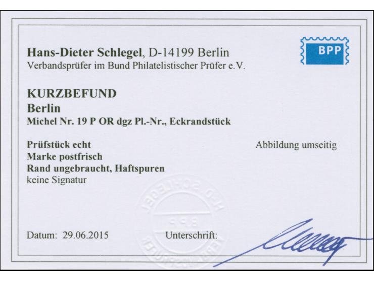 3 M. aus der linken oberen Bogenecke mit spiegelverkehrter Plattennummer "1", postfrisch mit leichten Haftstellen im Rand, Ku