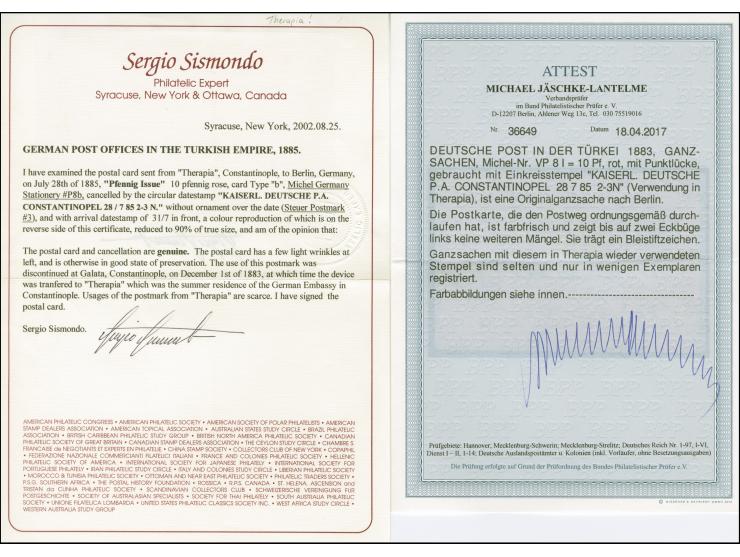 1883, Karte 10 Pfg. mit Stempel “KAISERL. DEUTSCH. P.A. CONSTANTINOPEL 28.7.85” und viel Text nach Berlin mit Ankunftsstempel