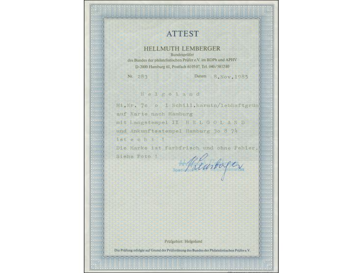 1873, 1 Schilling karmin/lebhaftgelblichgrün, farbfrisch und gut gezähnt, sauber mit L1 "HELGOLAND" auf Postkarte nach Hambur