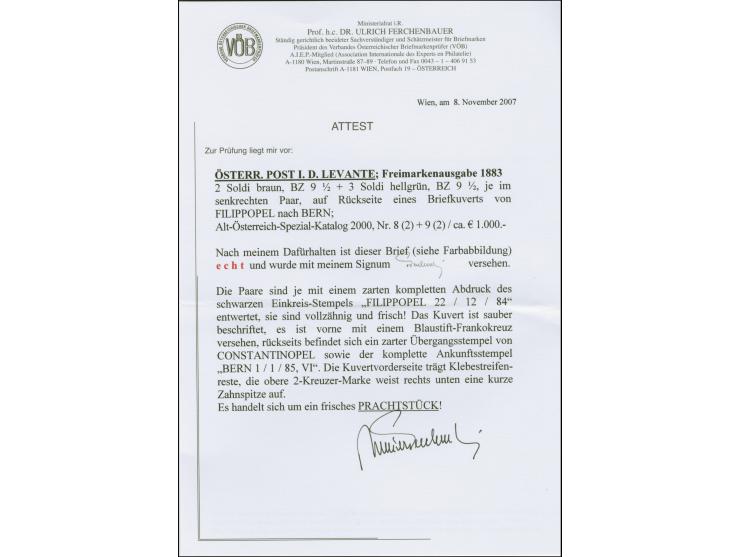 1885 (December 22), 2 sld. brown and 3sld. light green vertical pairs, perforated 9 ½, tied to reverse of cover to Bern, Swit