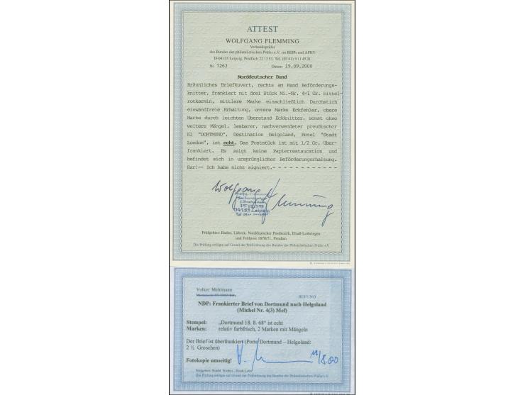 1868, 1 Groschen karmin, drei Einzelwerte mit DKr. “DORTMUND 18 8 68 7-8N.” auf chamoisfarbenem Briefkuvert nach Helgoland, d