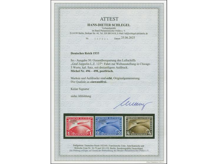 1933, Chicagofahrt 1-4 M., kpl., postfrisch, tadellos, unsigniert mit Fotoattest H.-D. Schlegel BPP (2025)