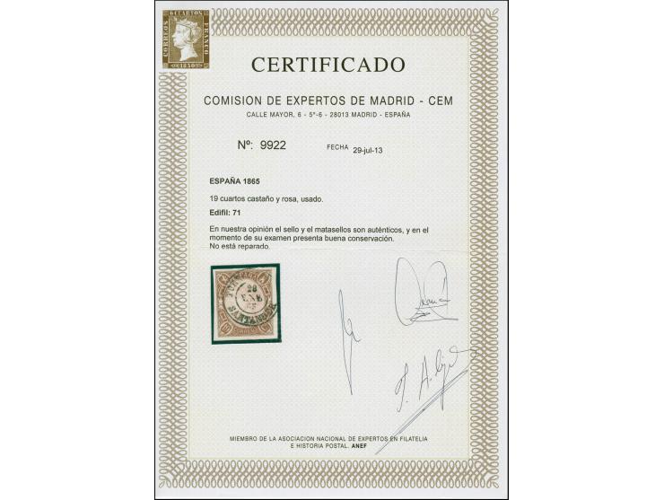 1865, Isabella 19 c. brown/rose, good to large margins, neatly cancelled by c.d.s. Very fine. Certificate CEM (2013)