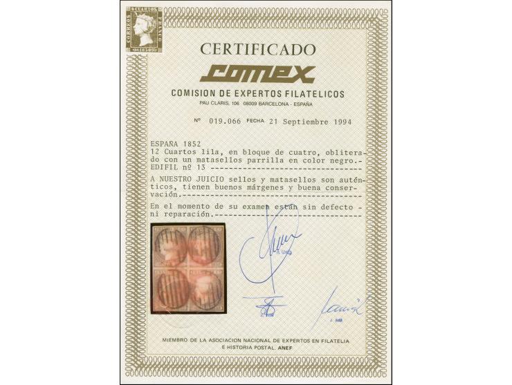 1852, Isabella 12 c. lilac, block of four, good colour and nice even margins, neatly cancelled. Very fine. Signed Roig and ce