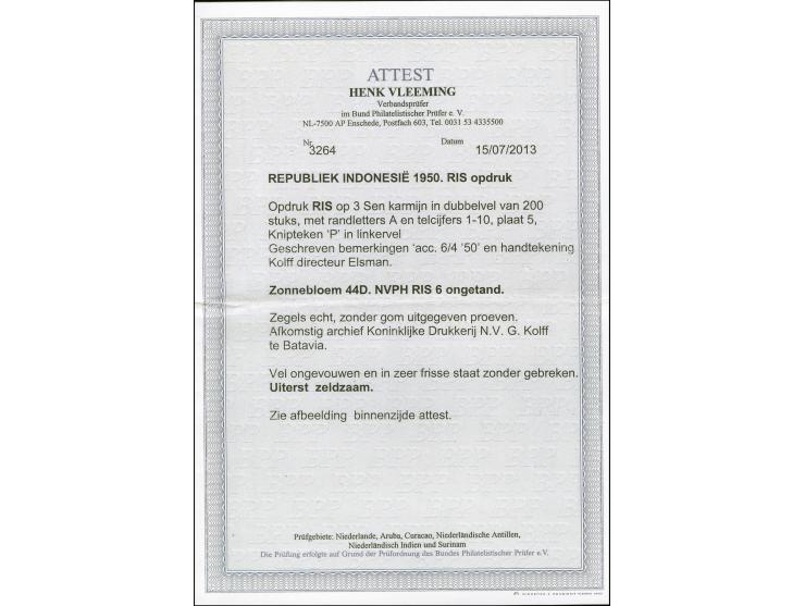 1950, RIS 3 sen red, imperforated block of 8 with 2 gutter pairs, without gum, very fine, copy &nbsp;of certificate Vleeming 