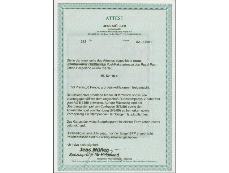 50 Pfennig grün/dunkellilakarmin, sehr schön farbfrisch, normal gezähnt, sauber mit Rundstempel "HELIGOLAND AU 8 1889" auf Pa