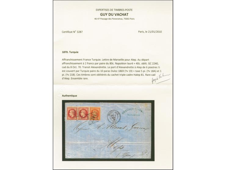 1870, Napoleon 80 c. carmine pair and 40 c. vermilion on folded envelope performing 2 fr. rate, tied by GC 2240, alongside Ma