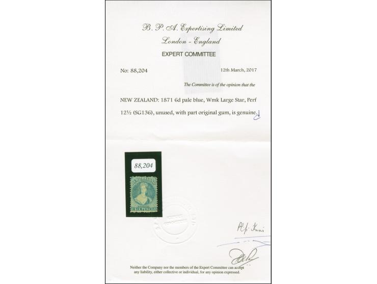1871, 6 d. pale blue, wmk. large star, usual rough perf 12½, unused part original gum, fine. Cert B.P.A. (2017) (SG 136)