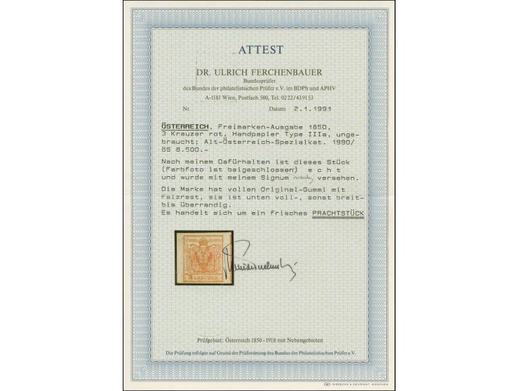 3 Kr. rot, Type IIIa, farbfrisch und voll- bis überrandig ungebraucht mit frischem Originalgummi. Private Signatur und signie