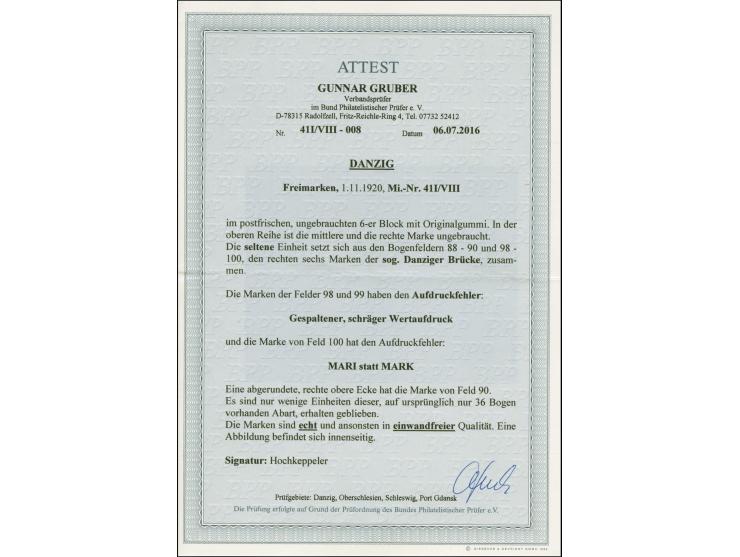 1920, Netzunterdruck mit Spitzen nach unten: 1M. auf 30 Pfg., Sechserblock mit gebrochenem Wertaufdruck-Klischee, der sogenan