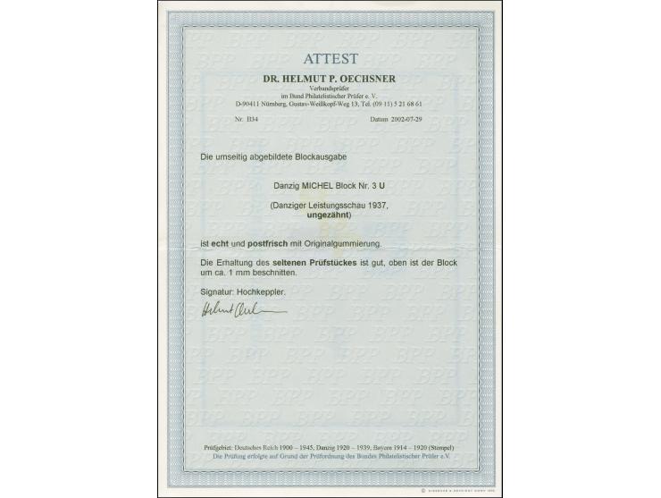 1937, Danziger Leistungsschau-Block, ungezähnt, postfrisch, oben unbedeutend verkürzt, sonst tadellos. ProFi hat lediglich 3 