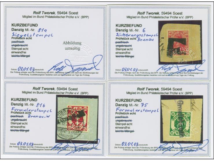 1920/21, vier verschiedene Aushilfsstempel auf Briefstücken, mit L1 “Brunau. W” auf Staatswappen 60 Pfennig lilarot auf Brief