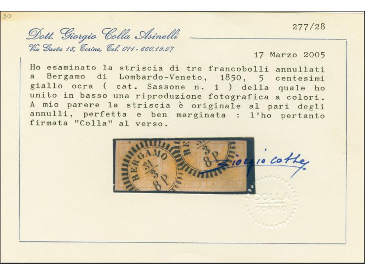 1850, Handpapier 5 Cmi. ockergelb im waagerechten 3er-Streifen, farbfrisch und breitrandig, mit klarem Mühlradstempel "BERGAM