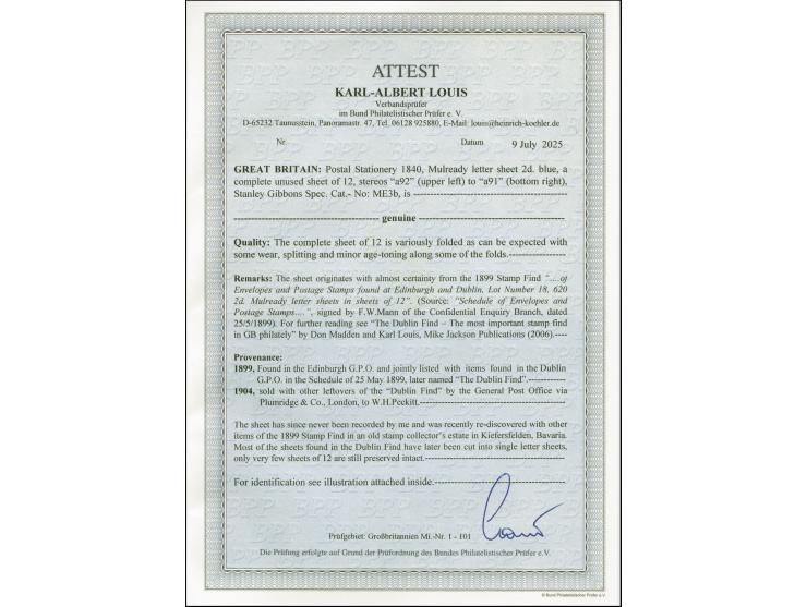 Mulready Letter Sheet 2d. blue, a complete unused sheet of 12, stereos a92 (upper left) to a91 (bottom right), variously fold