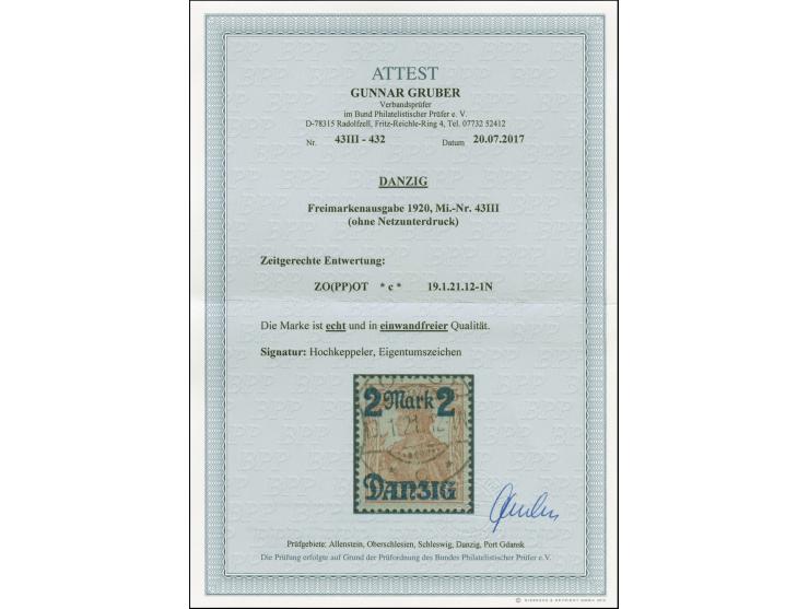 2M. auf 35 Pfg., ohne Netzunterdruck, sauber und klar zeitgerecht gestempelt “ZOPPOT 19.1.21”, tadellos, sign. Hochkeppeler s