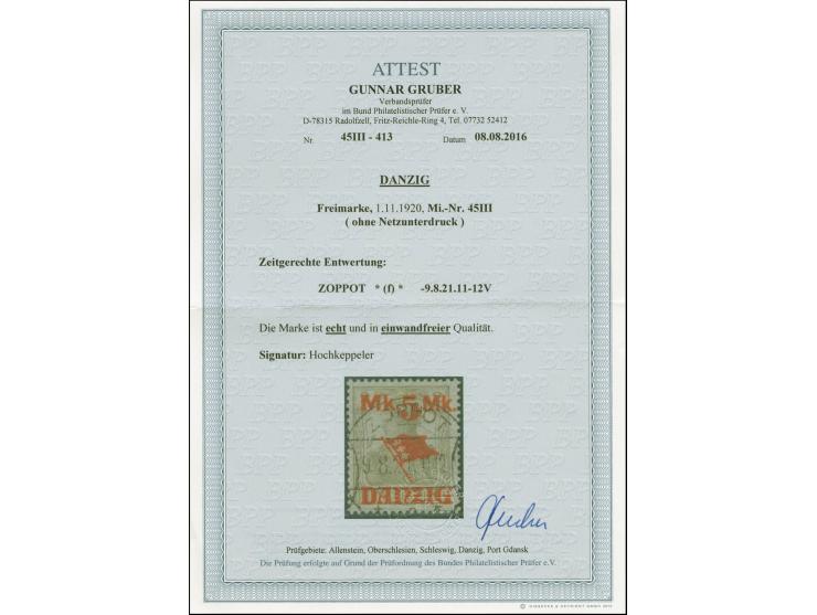 5M. auf 2Pfg., ohne Netzunterdruck, sauber und klar mit zeitgerechtem Stempel “ZOPPOT 1.11.21” entwertet, tadellos, eine zeit