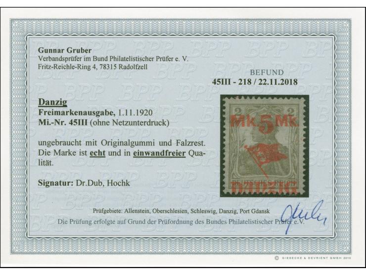 5M. auf 2Pfg., ohne Netzunterdruck, sauber ungebraucht, tadellos, u.a. sign. Dub sowie Befund Gruber BPP (2018)