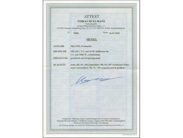 1923, Blockziffern 2C. auf 10M. - 1 L. auf 1000 M., postfrisch, Mi.-Nr. 183 Zahnfehler, 187 verkürzter Zahn, sonst tadellos, 