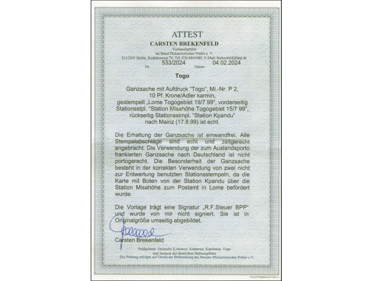 "STATION MISAHÖHE TOGOGEBIET 15 7 99" nebengesetzt auf Ganzsachenkarte 10 Pfg., mit Stempel "LOME 15/7 99" und rückseitigem L