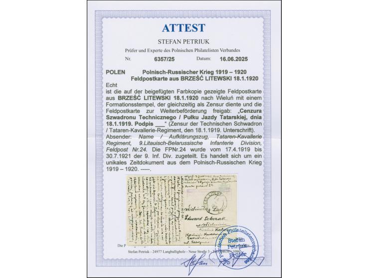 “Cenzura Szwadronu Technicznego / Pułku Jazdy Tatarskiej, dnia 18.1.1919. Podpis”, violet, boxed three-line cachet on postcar