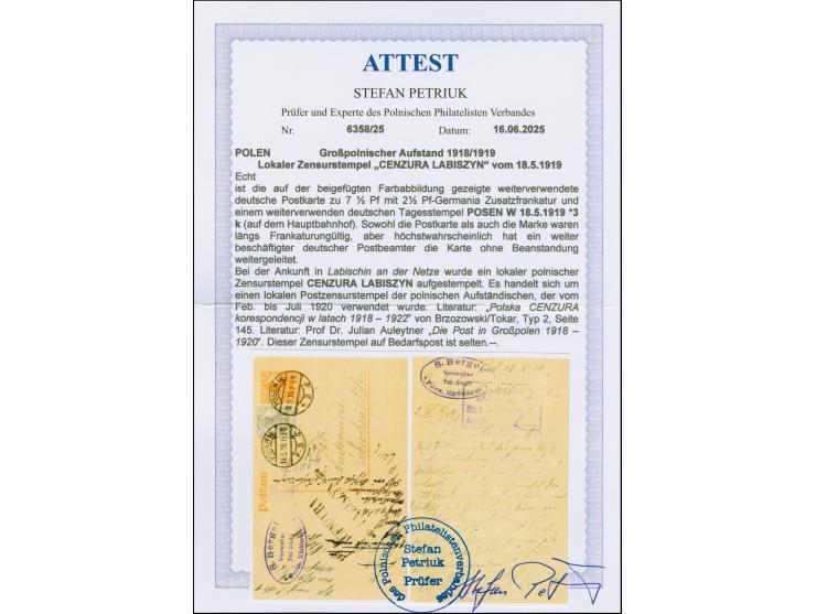 “CENZURA LABISZYN”, black two-line censor mark on Germania postal stationery card 7½ pfg. with additional franking 2½ pfg., h