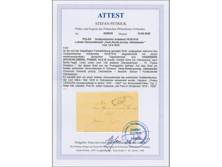 “Cenz./Kontr.poczty, Ostrzeszów”, boxed two-line censor mark on postage-free envelope with senders cachet “Police…”, from “HA