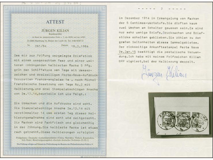 1915, 10 (C) auf 5 Pfg. senkrecht halbiert, im waagerechten Dreierstreifen mit zwei Normalmarken, sauber mit Stempel “ANECHO 