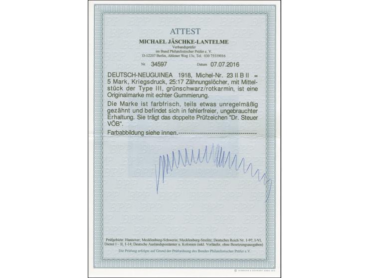 1918, Kaiseryacht 5 M., Kriegsdruck, 25:17 Zähnungslöcher, Mittelstück in Type III, etwas unregelmäßig gezähnt, sauber ungebr