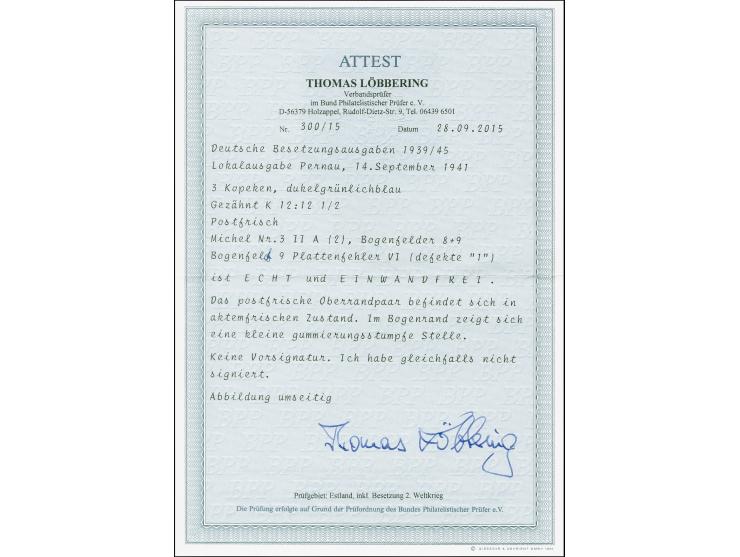 3 K. gezähnt im waagerechten Oberrandpaar, die rechte Marke mit Aufdruckfehler "Kopf der ersten 1 in 1941 abgebrochen", postf