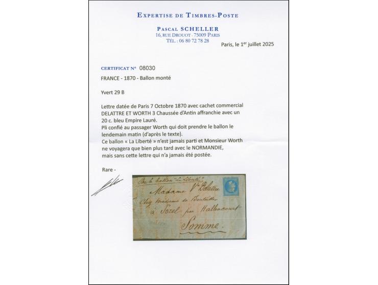 BALLONS MONTÉES: Entire letter dated inside 7 October 1870, with commercial cachet “DELATTRE ET WORTH” , franked with Lauré 2