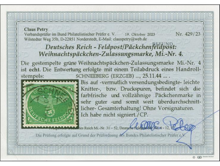 1944, Weihnachtsmarke smaragdgrün, farbfrisch und gut gezähnt, sauber mit Handrollstempel “SCHNEEBERG (ERZGEB) 25.11.44” entw