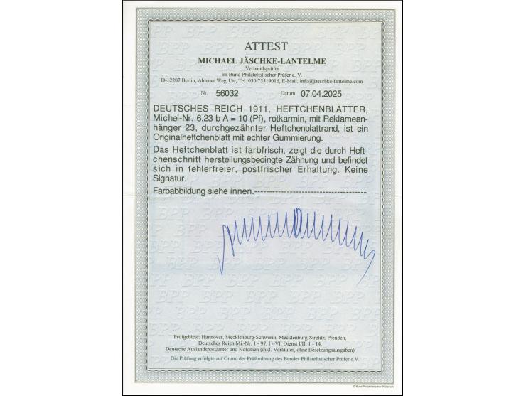 1911, Germania Heftchenblatt 10 Pfg. rotkarmin mit Reklame “Philipp Kosack” und mit durchgezähntem Heftchenblattrand, postfri