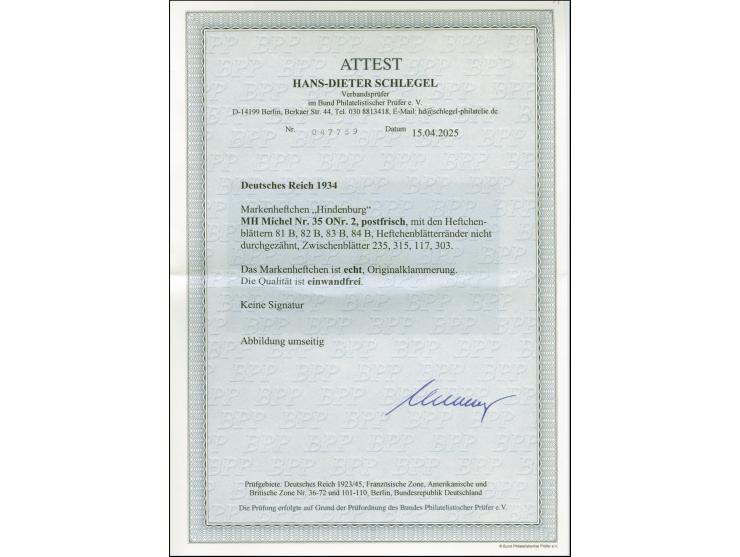 1934, Hindenburg Markenheftchen 2 RM mit ONr. “2” und Originalklammerung, postfrisch, in einwandfreier Erhaltung, Fotoattest 