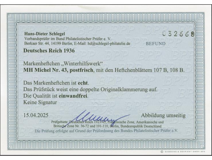 1936, WHW Bauten Markenheftchen 2 RM mit doppelter Originalklammerung, postfrisch, in einwandfreier Erhaltung, Fotobefund D. 