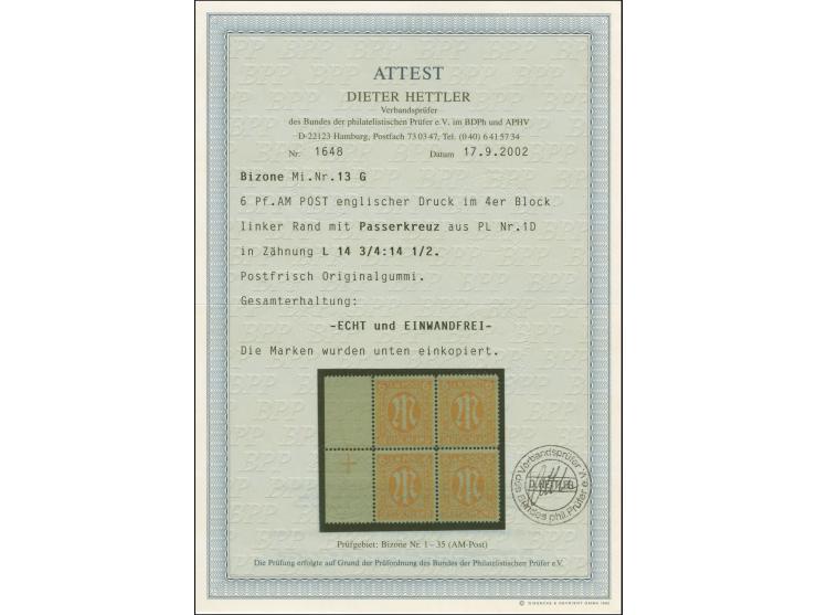 1945, AM Post 6 Pf im Viererblock vom linken Seitenrand mit Passerkreuz in Zähnung G, Fotoattest Hettler BPP einwandfrei