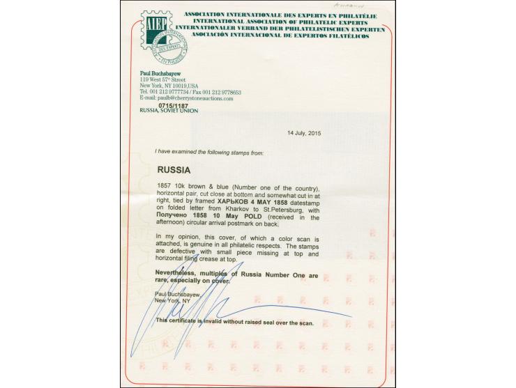 KHARKOV (Ukraine): 10 kopeck brown and blue, horizontal pair, tied by boxed "KHARKOV 4 MAI 1858" to entire letter to St Peter