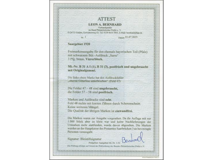 1920, unverausgabte Ludwig 3 Pfg., im Viererblock, Felder 47-48 und 57-58, linke obere Marke mit Aufdruckfehler “oberste Gitt