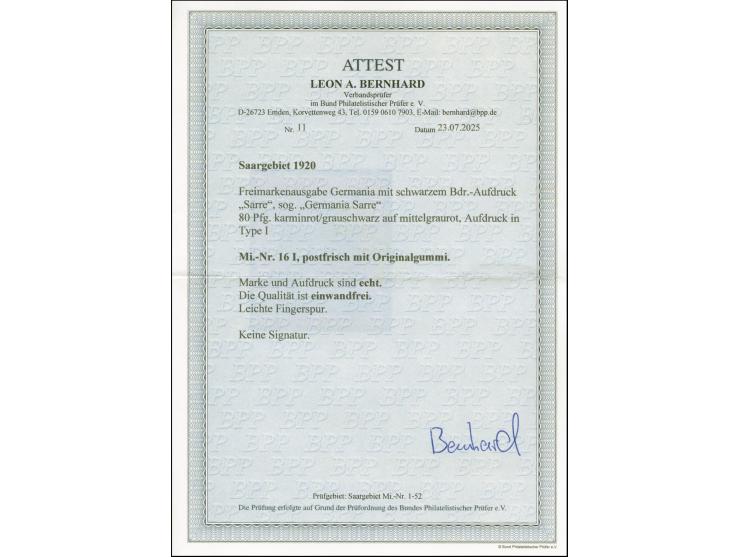 Germania 80 Pfg., Aufdrucktype I, postfrisch mit leichter Fingerspur, einwandfrei. Unsigniert mit Fotoattest Bernhard BPP (20