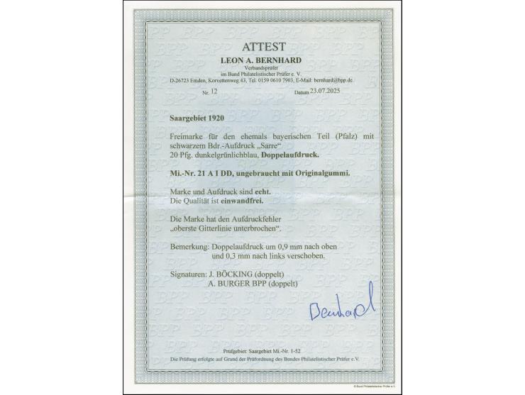 1920, Ludwig 20 Pfg., mit Doppelaufdruck und Aufdruckfehler “oberste Gitterlinie unterbrochen”, ungebraucht, tadellos. Mehrfa