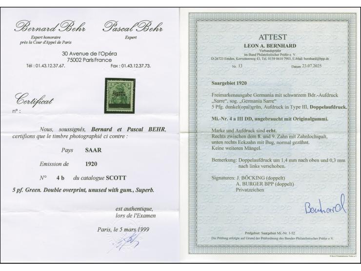 Germania 5 Pfg. dunkel(opal)grün, mit Doppelaufdruck in Type III, sauber ungebraucht, rechts mit Zahnlochspalt und unten leic