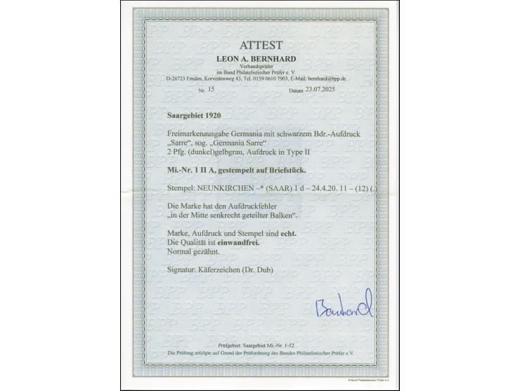 1920, Germania 2 Pfg., Aufdrucktype II, mit Aufdruckfehler “in der Mitte senkrecht geteilter Balken”, sauber gestempelt auf B